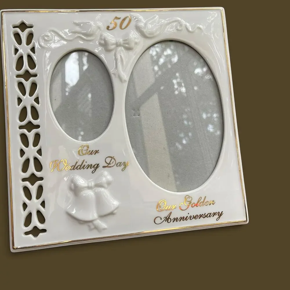 Vtg Porcelain 50th Wedding Anniversary 2 Picture Frame Golden Cream Ornate Russ